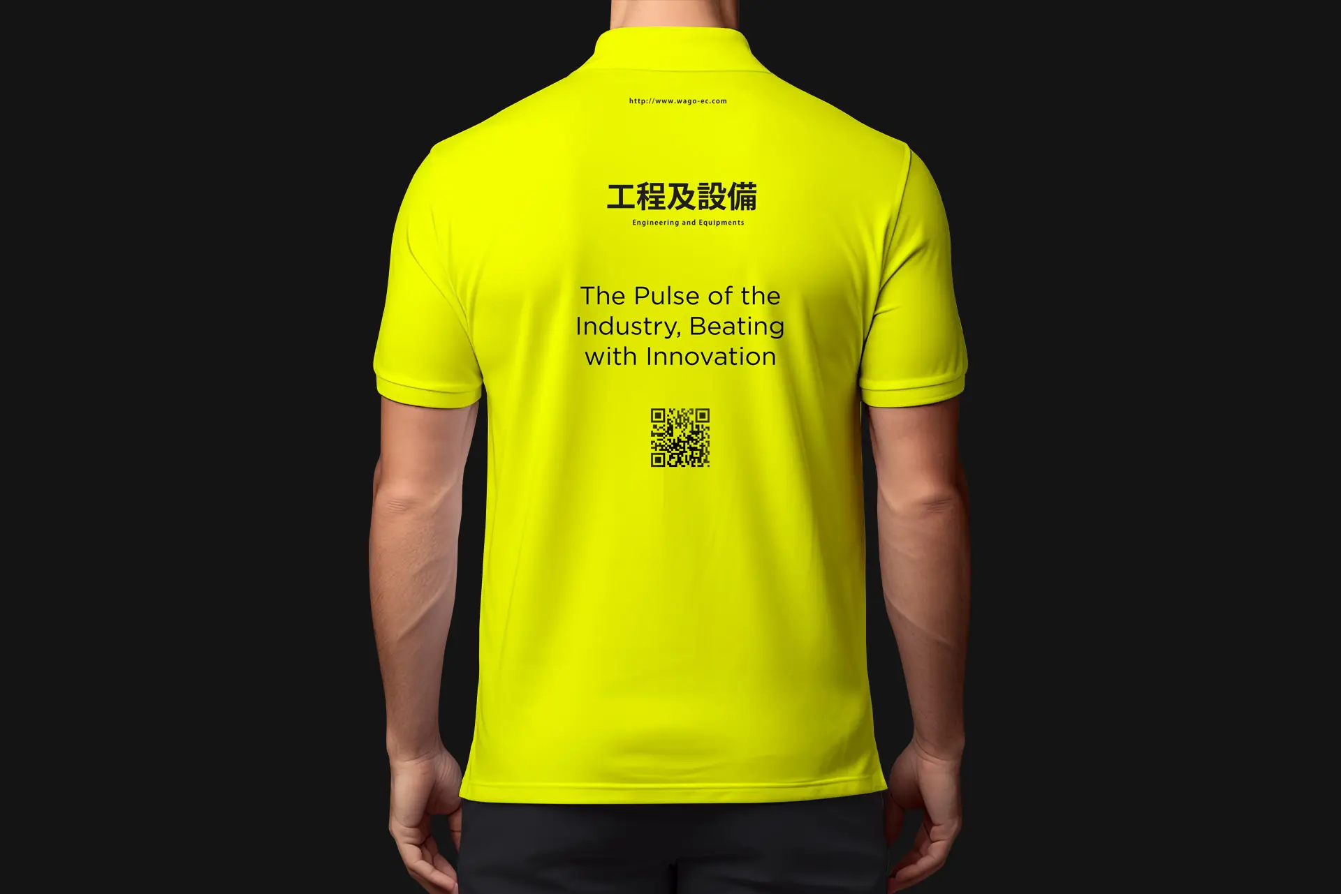 This is a bright yellow polo WAGO Shirt featuring "The Pulse of the Industry, Beating with Innovation" text and a QR code on the back.