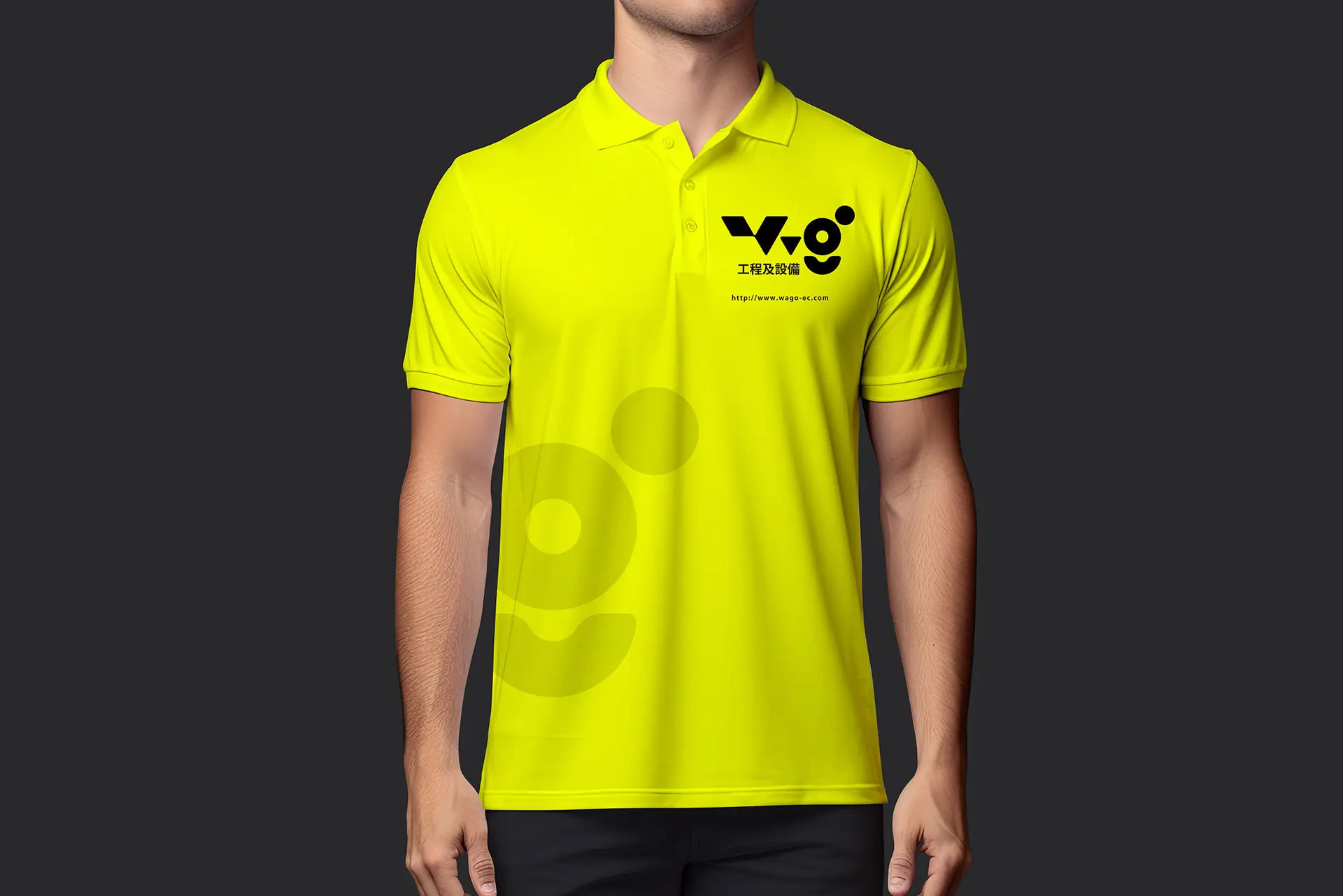 This neon yellow polo shirt features a distinct black logo for "WAGO" engineering and equipment on the upper left chest.