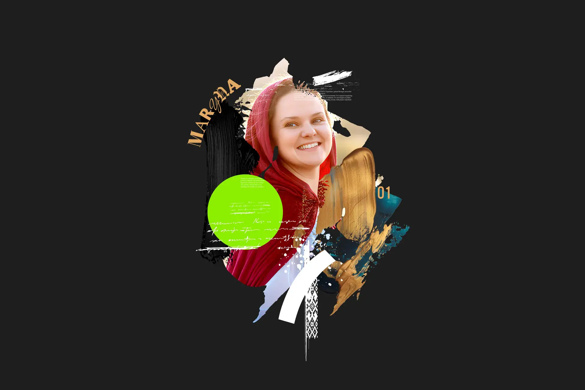Abstract circular portrait of a smiling woman named Maryna, featuring artistic mixed-media elements, gold brush strokes, and a textured bright green overlay.