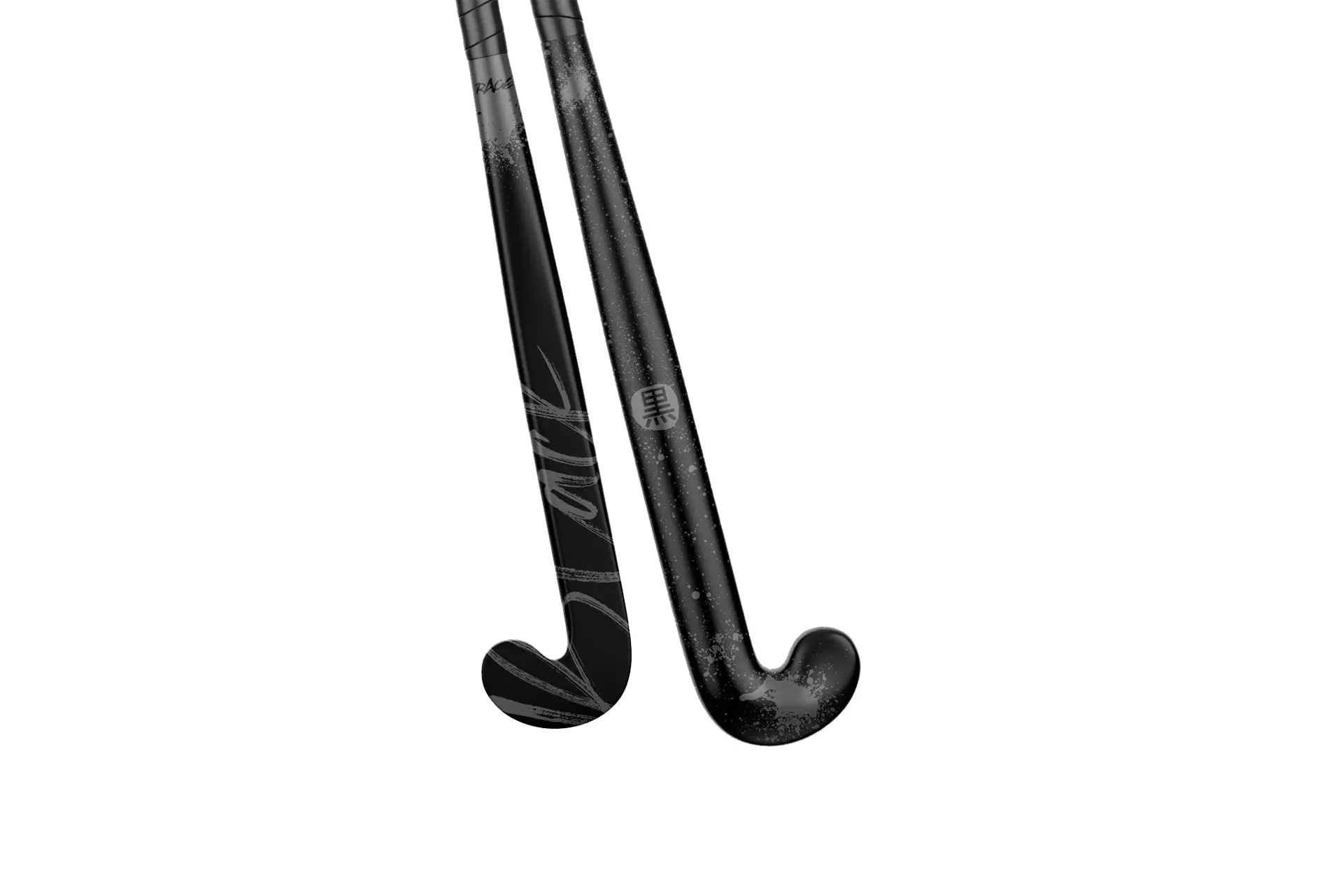 Pair of sleek, modern matte black outdoor field hockey sticks with the text "Black" written vertically on the shaft and a matching Japanese or Chinese character on the bow.
