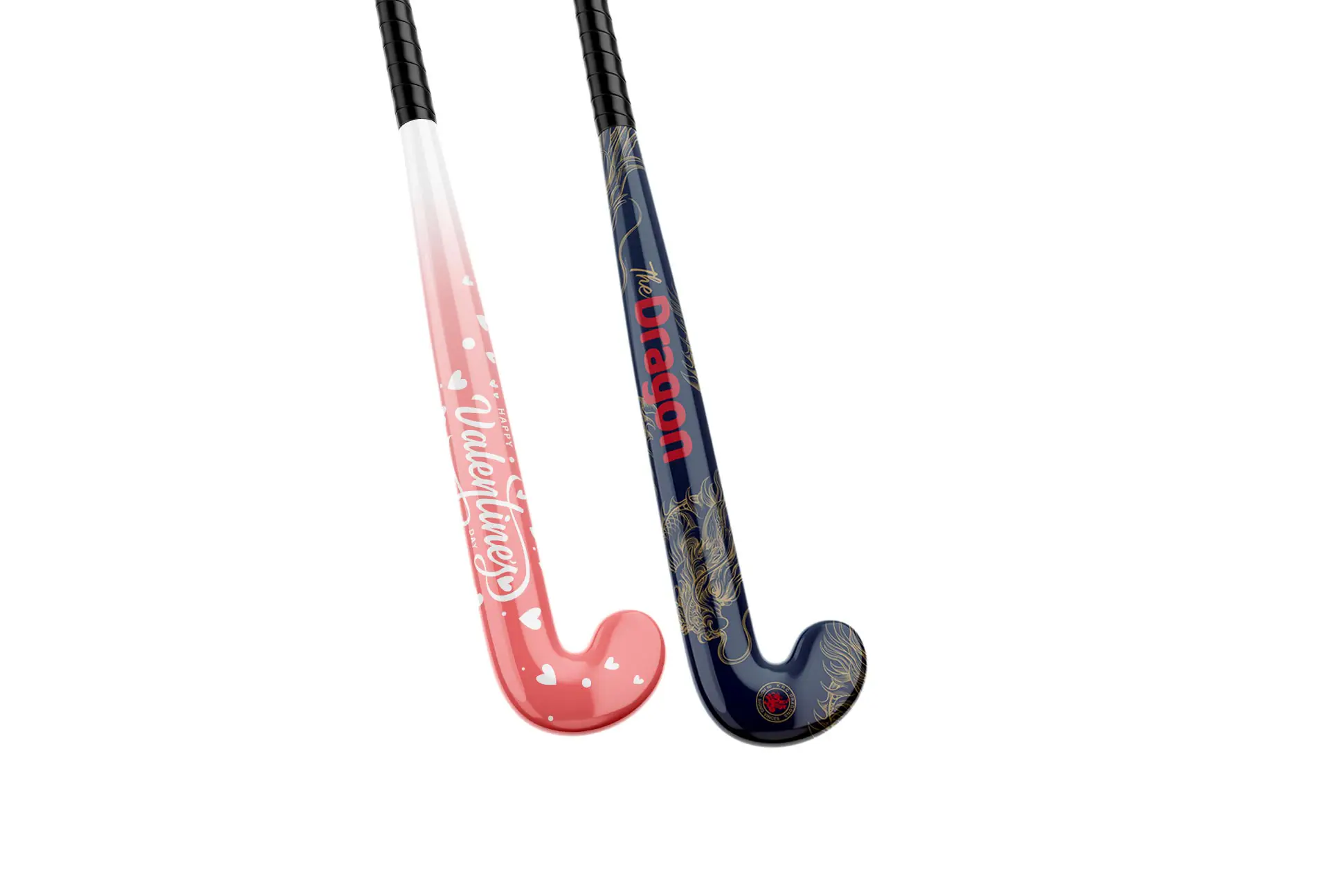 A WordPress attachment details interface showing two RAGE custom field hockey sticks titled "Rage-Hockey-valentine." The left stick features a pink heart pattern with "Valentines" branding, while the right features a dark finish with a fiery red dragon graphic.
