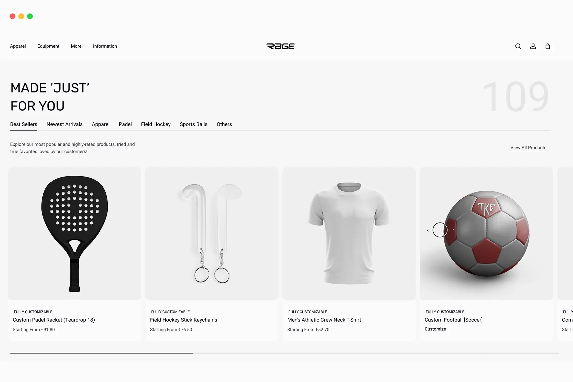 A website product showcase page under the brand 'RAGE', displaying a grid of customizable sports equipment and apparel. The items featured include a black Custom Padel Racket, a pair of Field Hockey Stick Keychains, a plain white Men's Athletic Crew Neck T-Shirt, and a red and white Custom Football. Each product card includes a small description and a starting price.