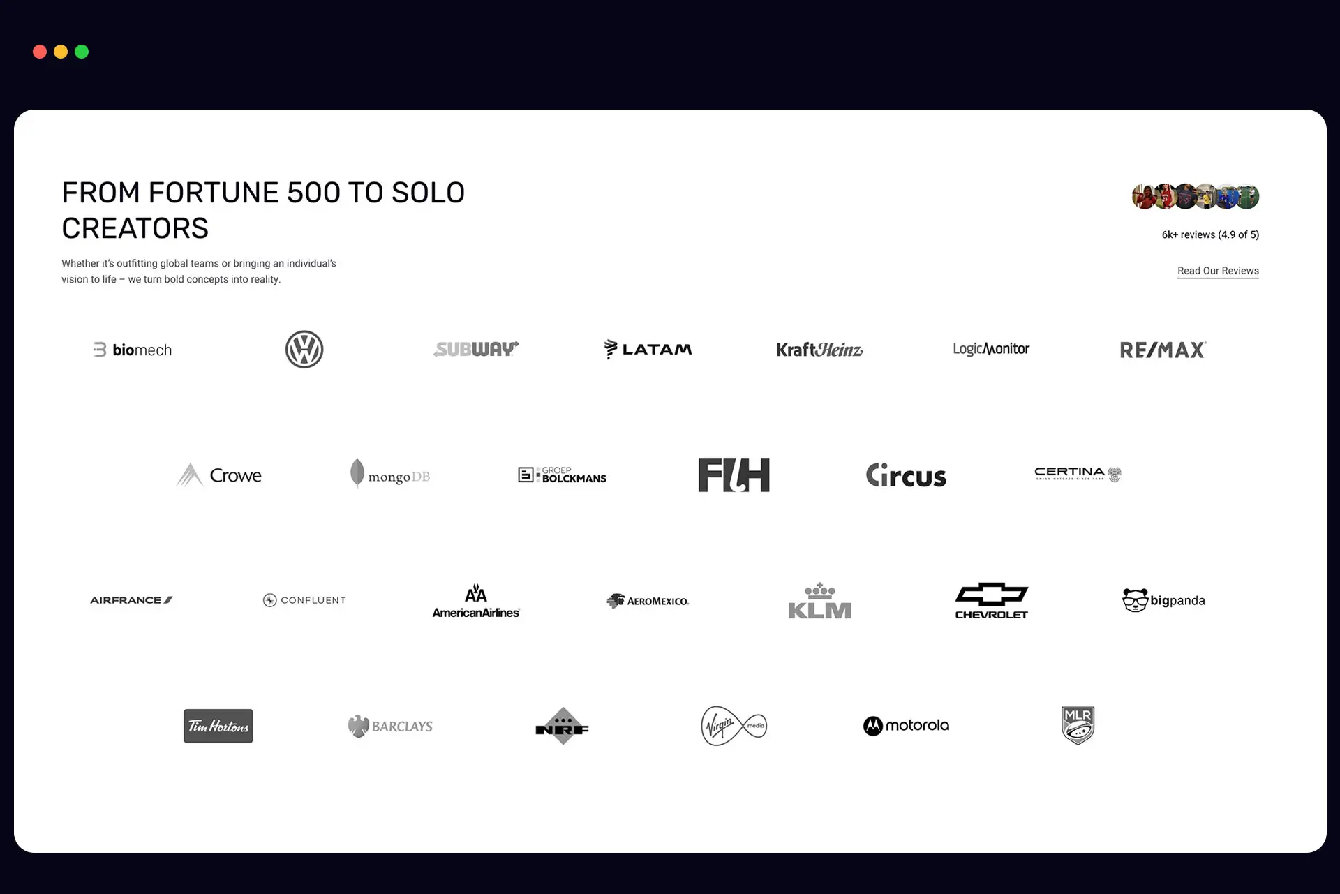 Grid of major brand logos including Volkswagen, Subway, Air France, and Motorola beneath the headline 'From Fortune 500 to Solo Creators'.
