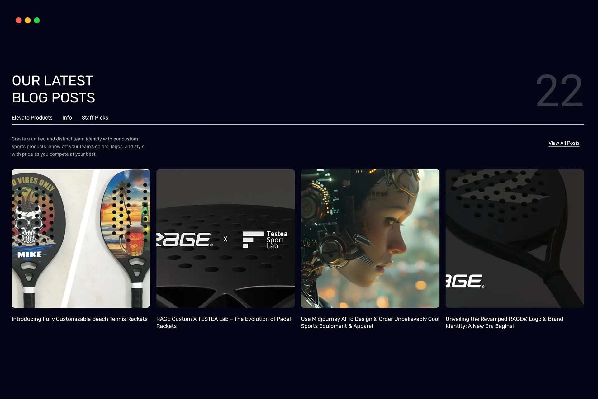 A dark-themed user interface snippet showing a WordPress media library attachment preview. The preview displays a website section titled "OUR LATEST BLOG POSTS" styled with a modern, high-contrast dark aesthetic. The layout features a bold heading, a small block of gray intro text, and a grid of four horizontal content cards. The cards feature sports product mockups, brand collaboration logos, and stylized character graphics, each accompanied by a short headline below. A large, faint number "22" sits in the top-right corner of the section background.