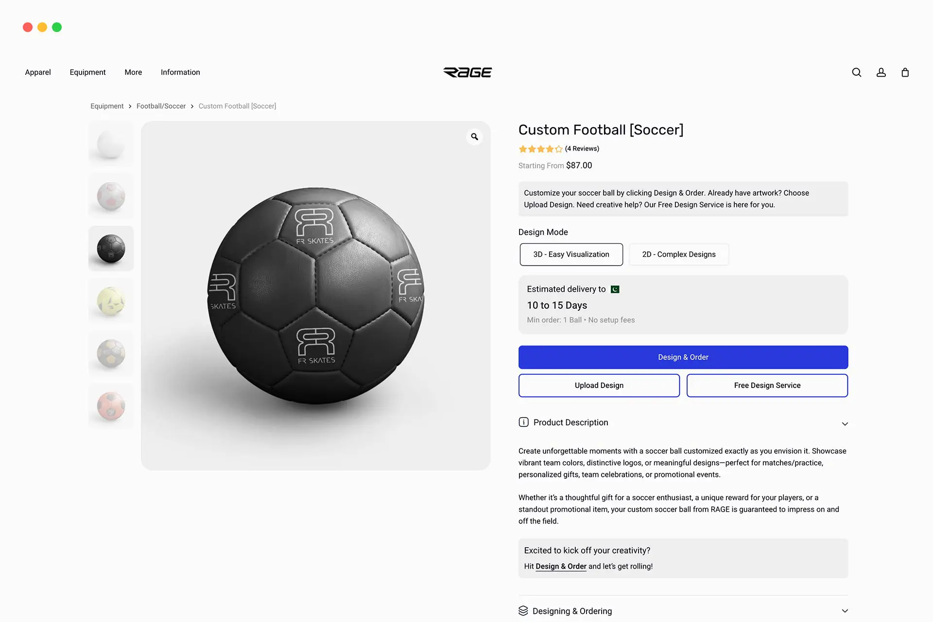 This is a RAGE Custom Soccer Ball featuring a matte black design with embossed "FR SKATES" logos. The item is listed for customization with a starting price. It offers customization options for team colors and logos, with estimated delivery time.
