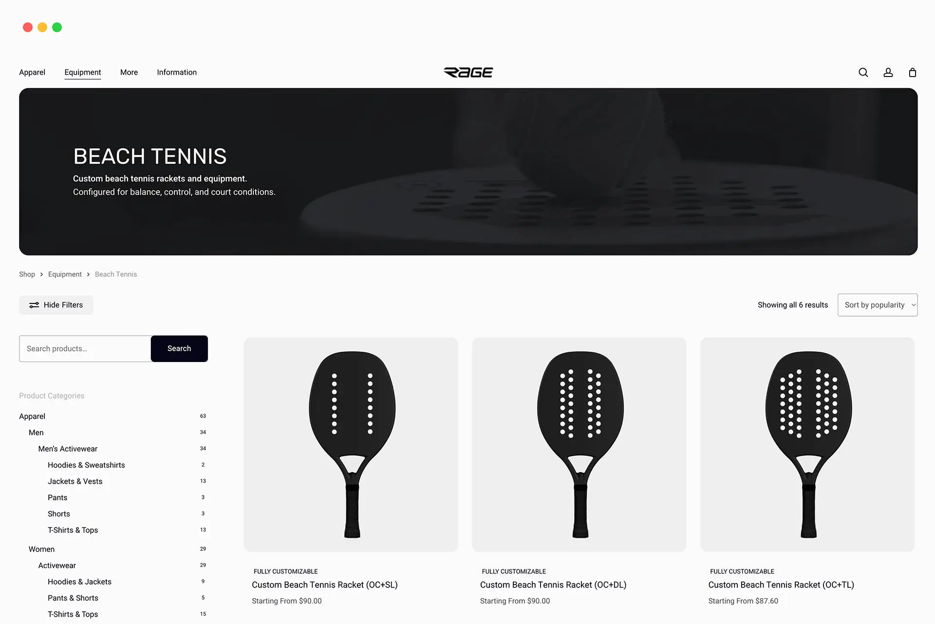 This image displays a WordPress media library attachment modal containing a "Beach Tennis" category page from Rage Custom e-commerce website built with WooCommerce. Features a main menu divided into categories: Apparel, Equipment, More, and Information. A dark banner styled with the "RAGE" brand logo, displaying the title "BEACH TENNIS" alongside a description for custom rackets. Located on the left side, featuring a product search bar and an expandable category tree showing item counts (e.g., Men's Activewear, Hoodies & Sweatshirts, Jackets & Vests). Showcases three custom beach tennis rackets with multi-hole patterns and black grips, labeled as "Fully Customizable"