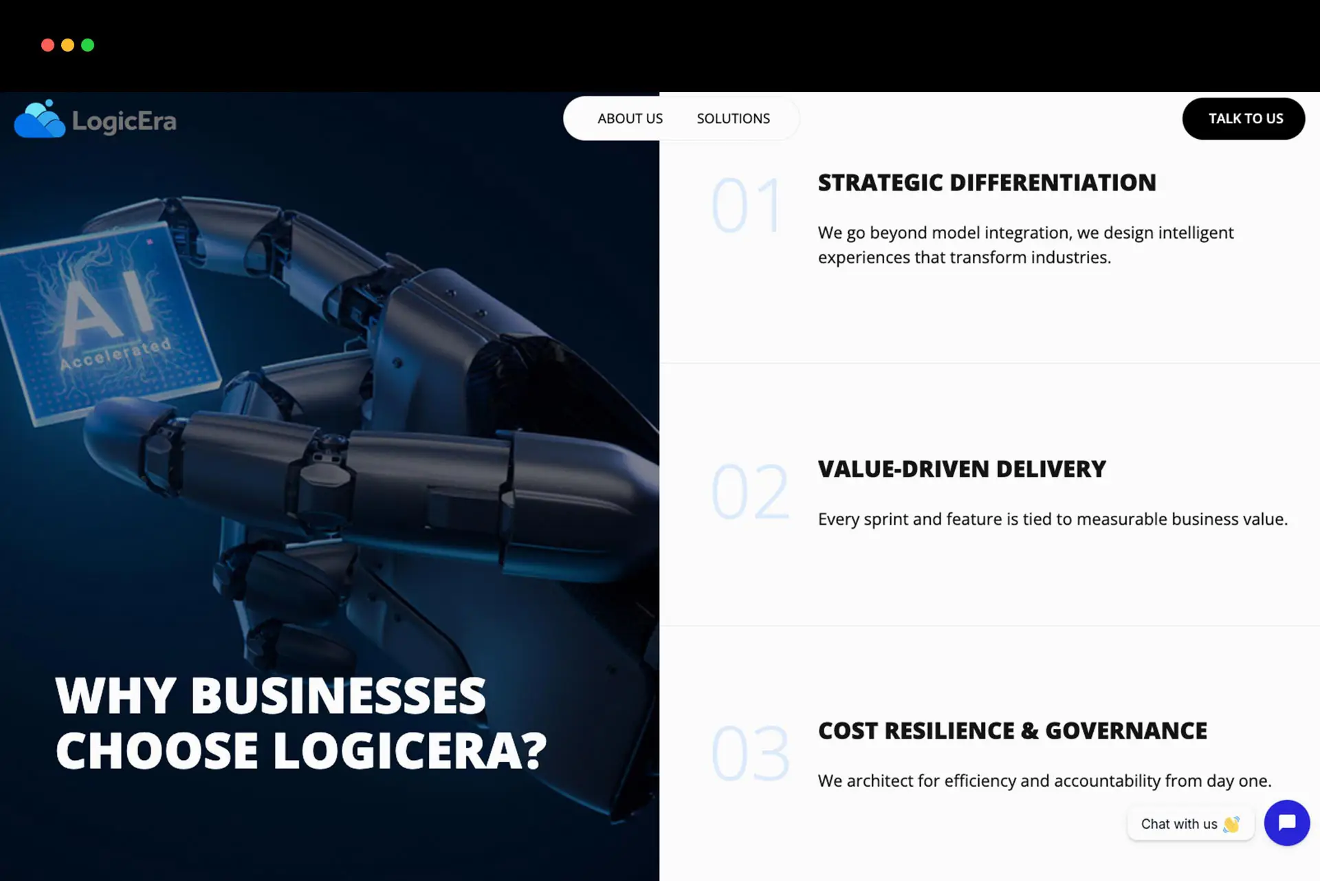 Split-screen UI design for LogicEra website featuring a dark futuristic AI graphic on the left and a minimalist three-step typographic layout on the right.