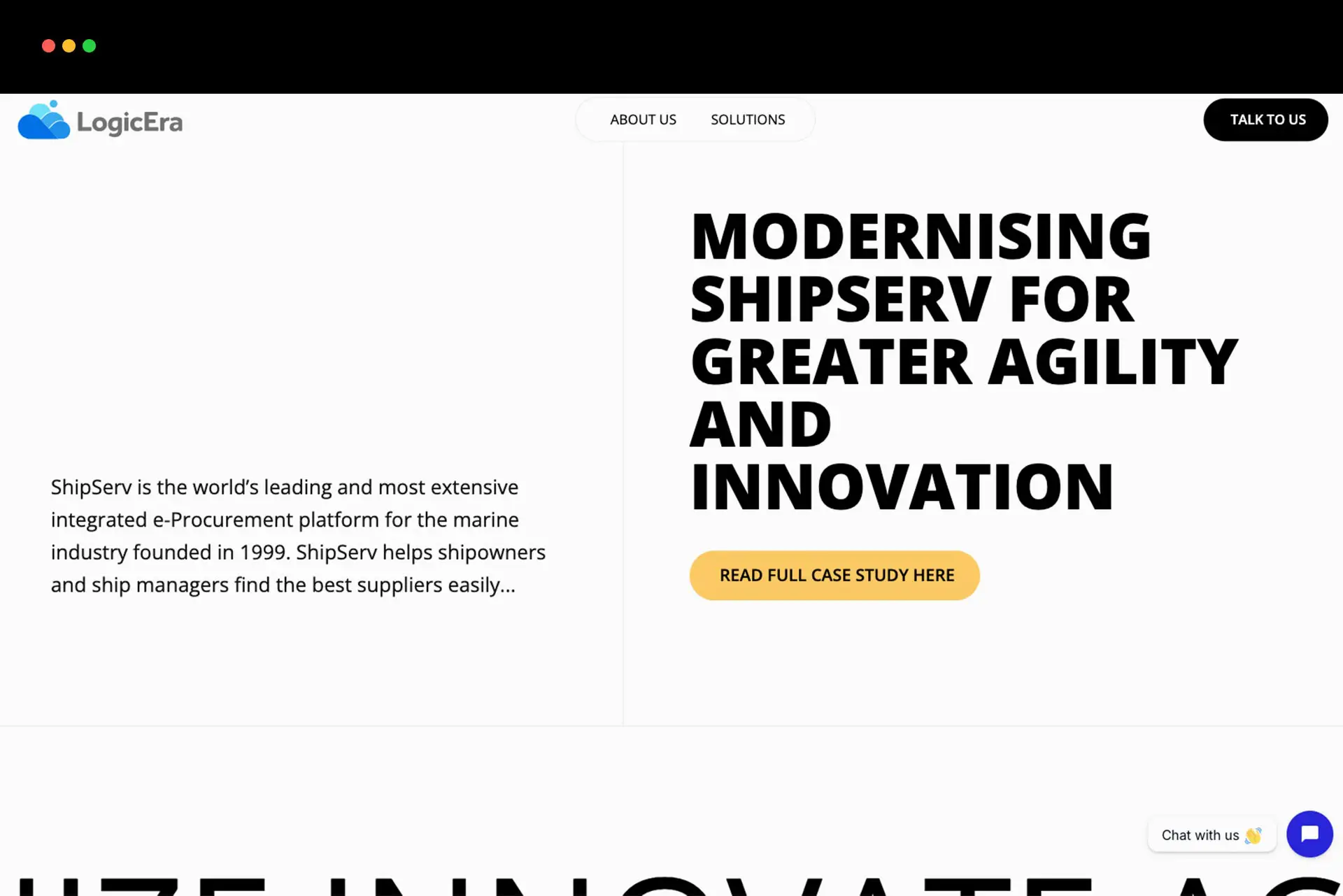 "LogicEra website case study header design featuring bold modern typography, a clean split-column layout, and a prominent orange call-to-action button."