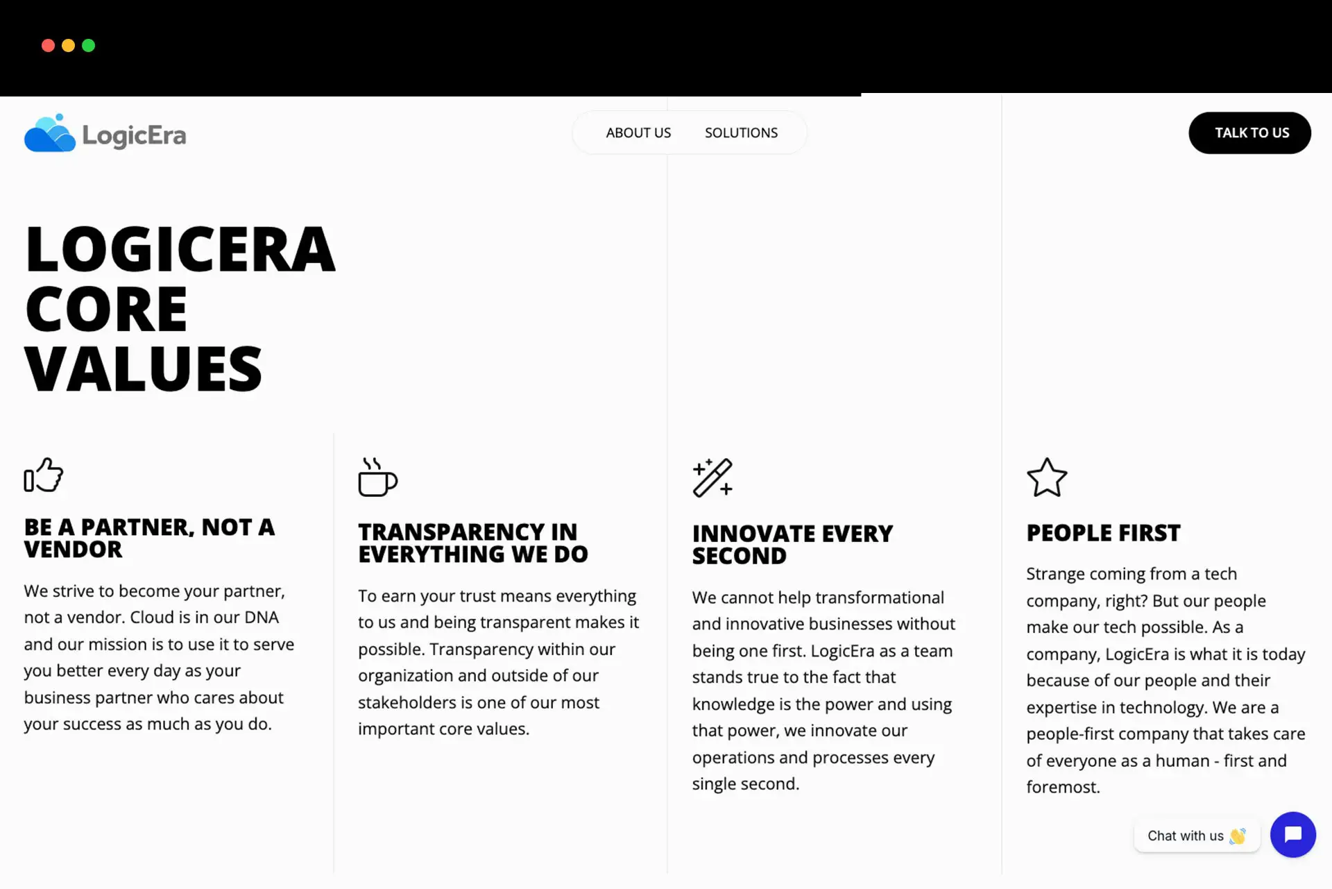 Web design mock-up displaying the core values section of the LogicEra website, featuring a four-column grid layout with clean typography, minimalist outline icons, and an asymmetrical black header block.