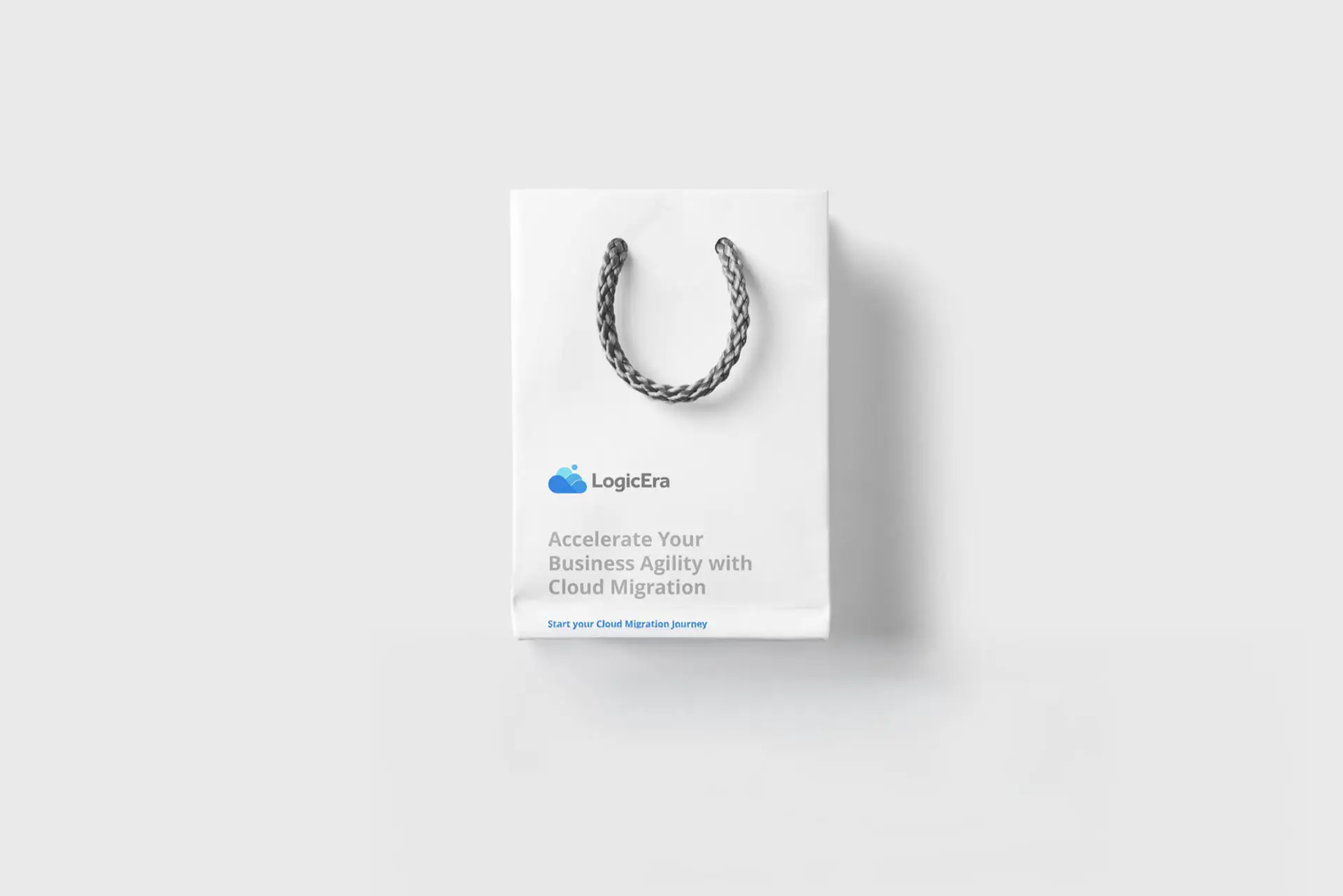 This white paper bag branded by LogicEra features a minimalist design showcasing their cloud migration services.