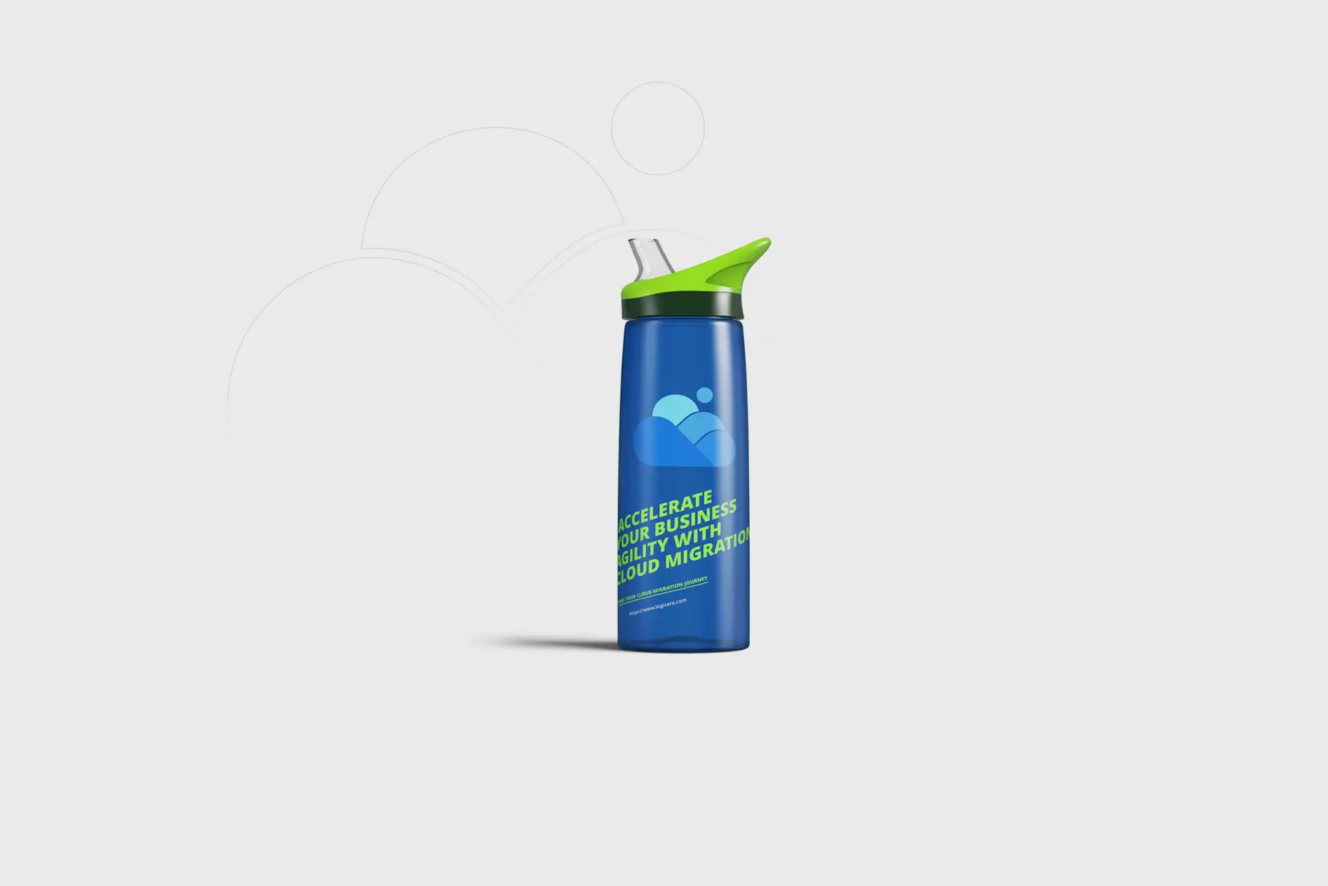 This image is a digital mockup featuring a blue plastic sipper bottle with a green lid. The bottle has promotional text printed on it regarding business cloud migration services. It is designed to showcase LogicEra branding.