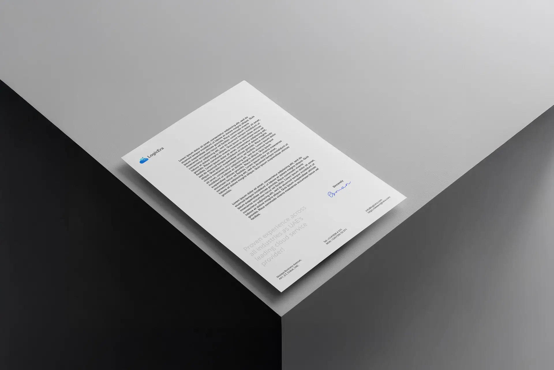 This image shows a modern corporate letterhead mockup for LogicEra featuring a blue cloud logo and a placeholder signature.