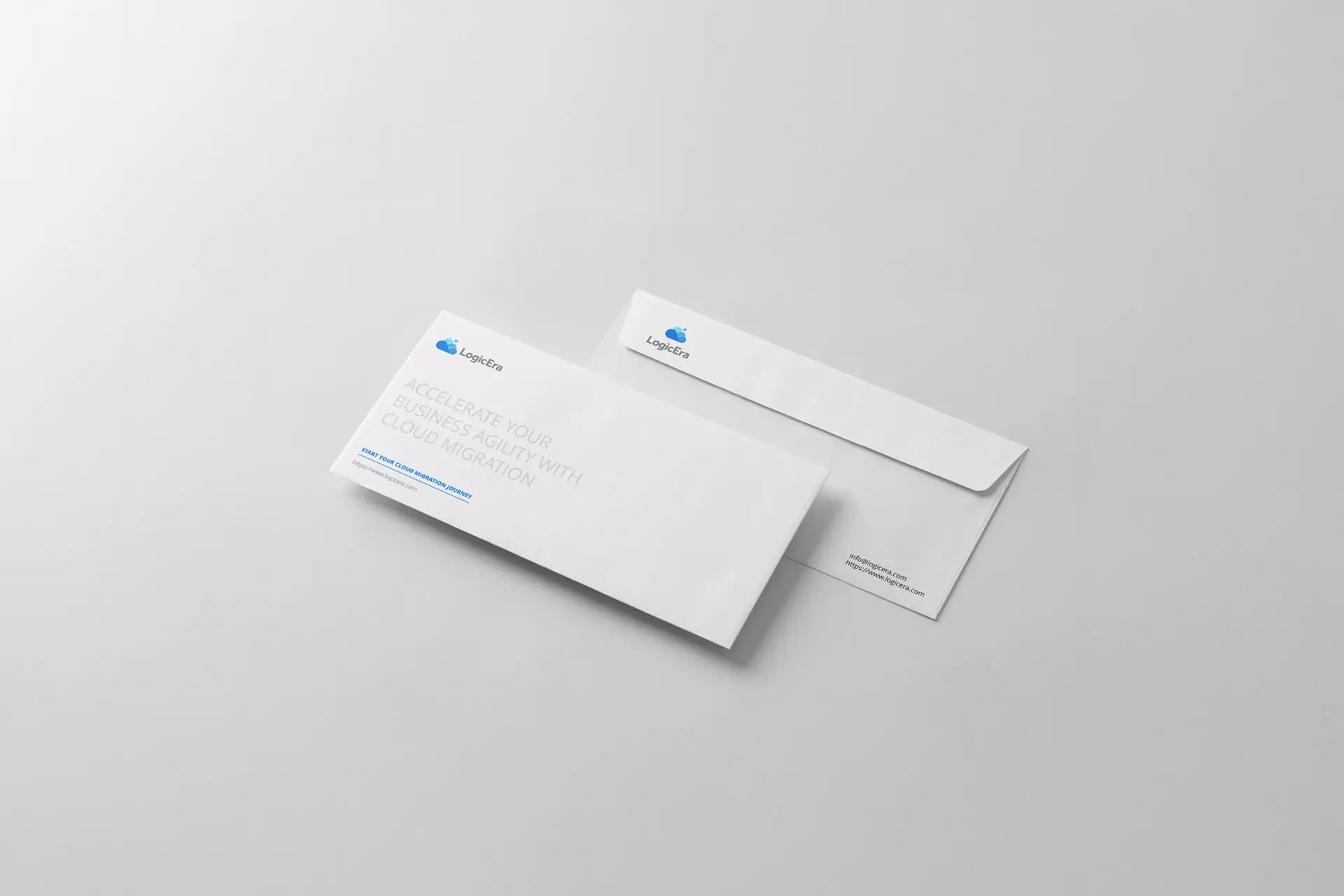 This is a digital mockup template for a professional business Logicera envelope featuring a blue cloud logo.