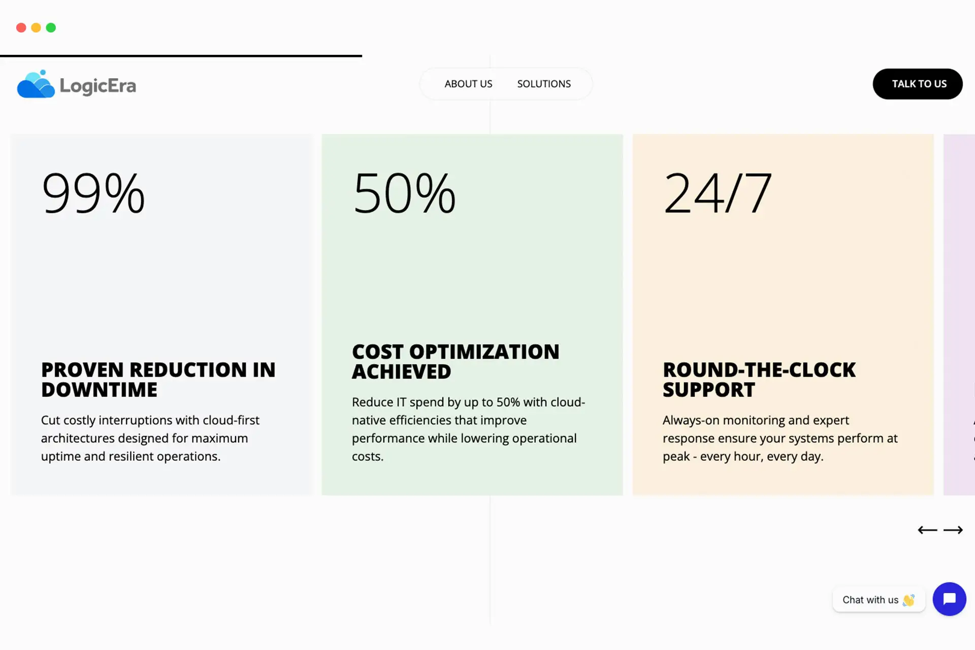 A web design mockup for LogicEra showcasing three key metrics: "99%" for proven reduction in downtime, "50%" for cost optimization achieved, and "24/7" for round-the-clock support.