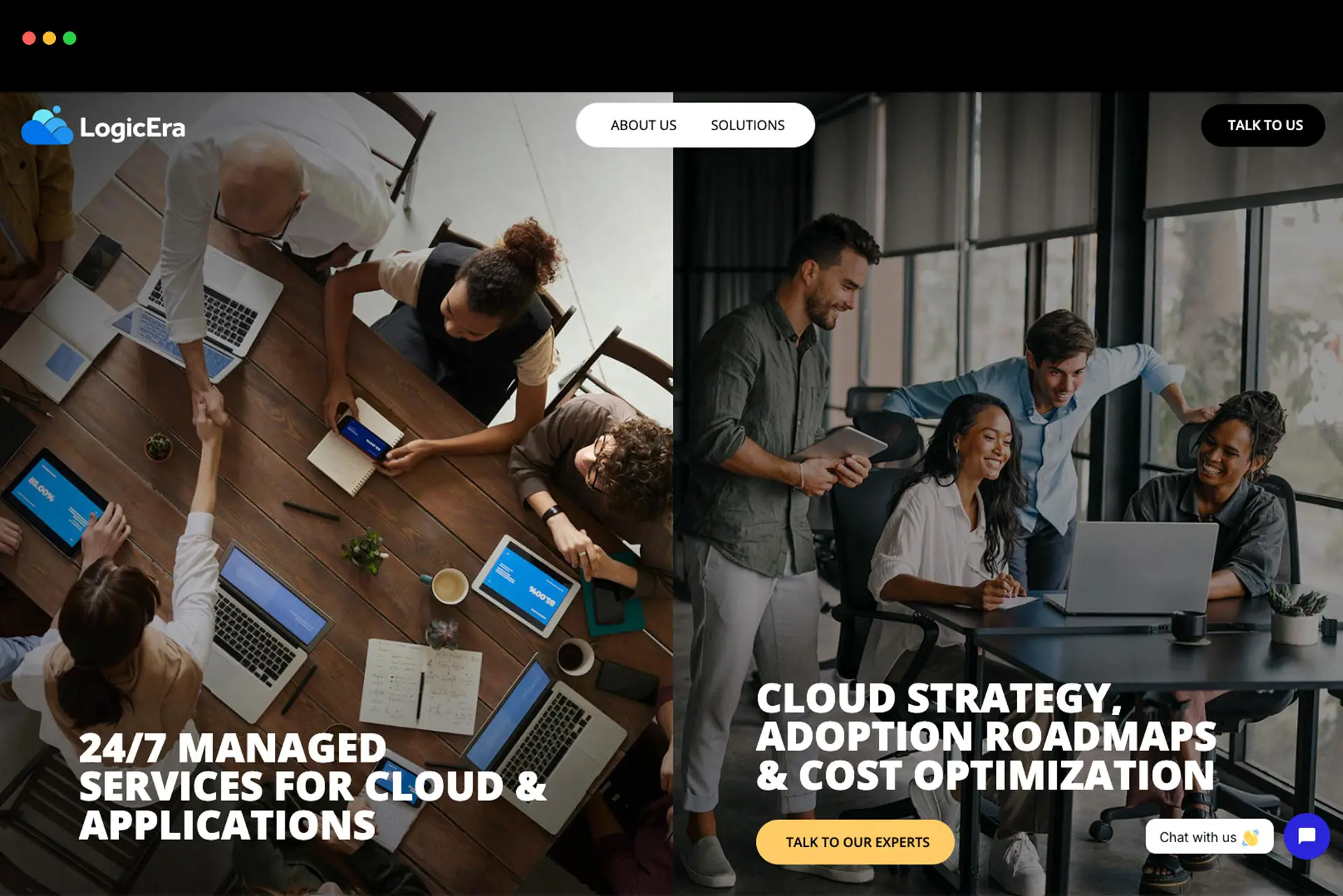 Two-panel banner for LogicEra showing tech professionals collaborating on laptops and tablets, highlighting 24/7 managed cloud services, strategy, and cost optimization.