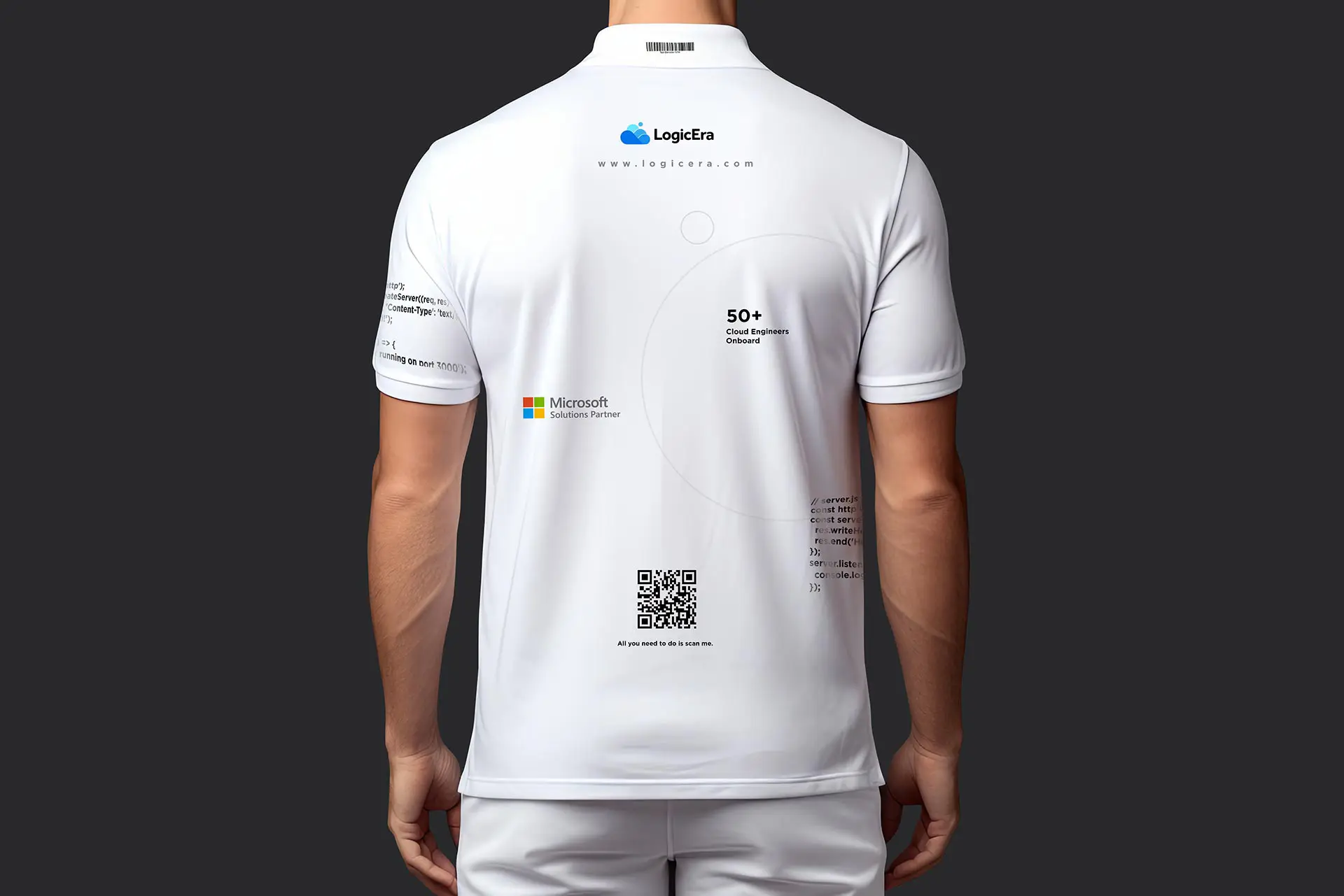 Mockup of a white short-sleeved polo t-shirt showcasing back branding including the LogicEra logo, a Microsoft Solutions Partner badge, and a center QR code.