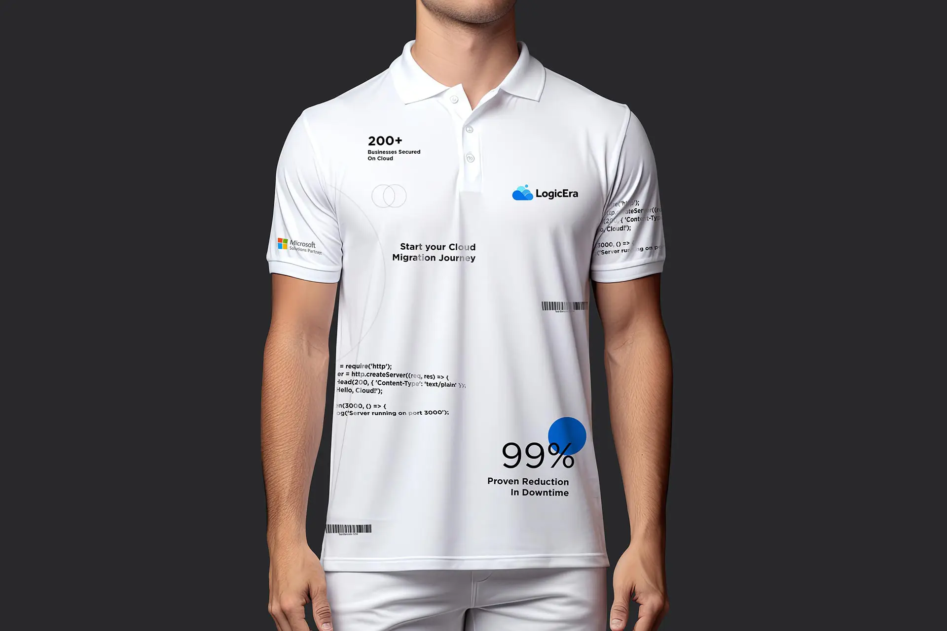 A product mock-up features custom branding of a man wearing a white polo shirt designed with IT and cloud-focused graphics. The left chest displays the "LogicEra" company logo, while the center text reads "Start your Cloud Migration Journey." Additional graphics include a Node.js code block on the bottom left, a circular infographic reading "99% Proven Reduction in Downtime" on the bottom right, and a metric near the collar reading "200+ Businesses Secured On Cloud."